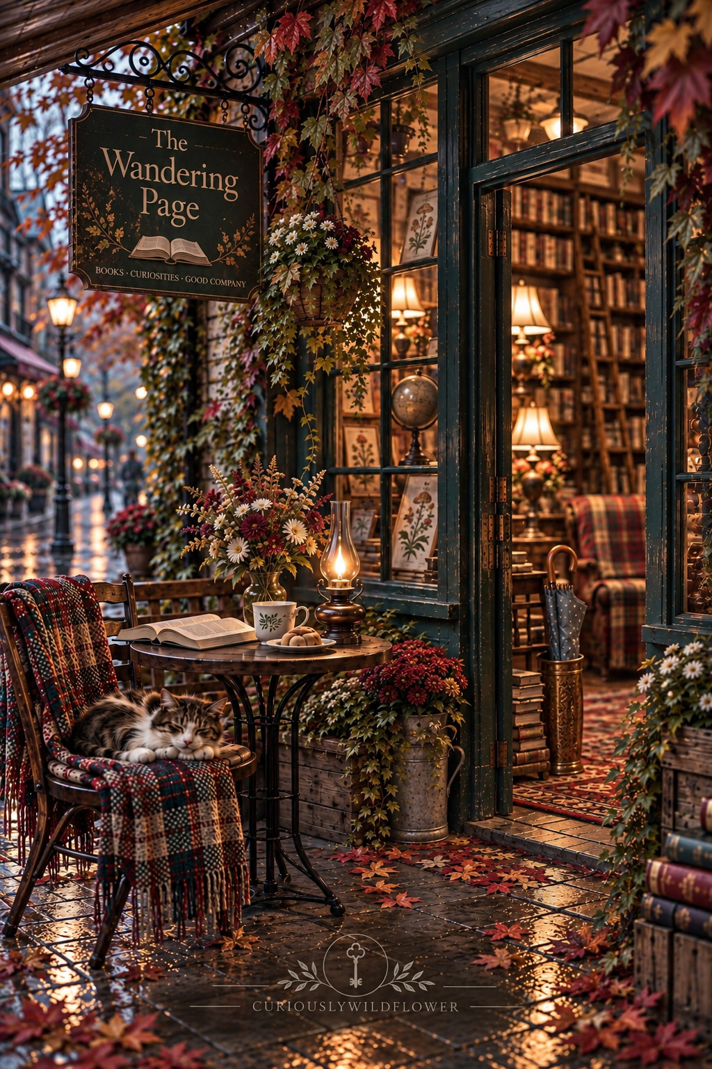 Rainy autumn afternoon outside The Wandering Page bookshop, with warm glowing windows, colorful fall leaves, a forgotten umbrella, and a sleeping cat on a cozy chair.